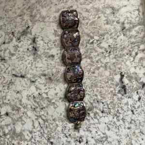 Vintage Sterling Silver Inlay Panel Bracelet Abalone Aztec Figures